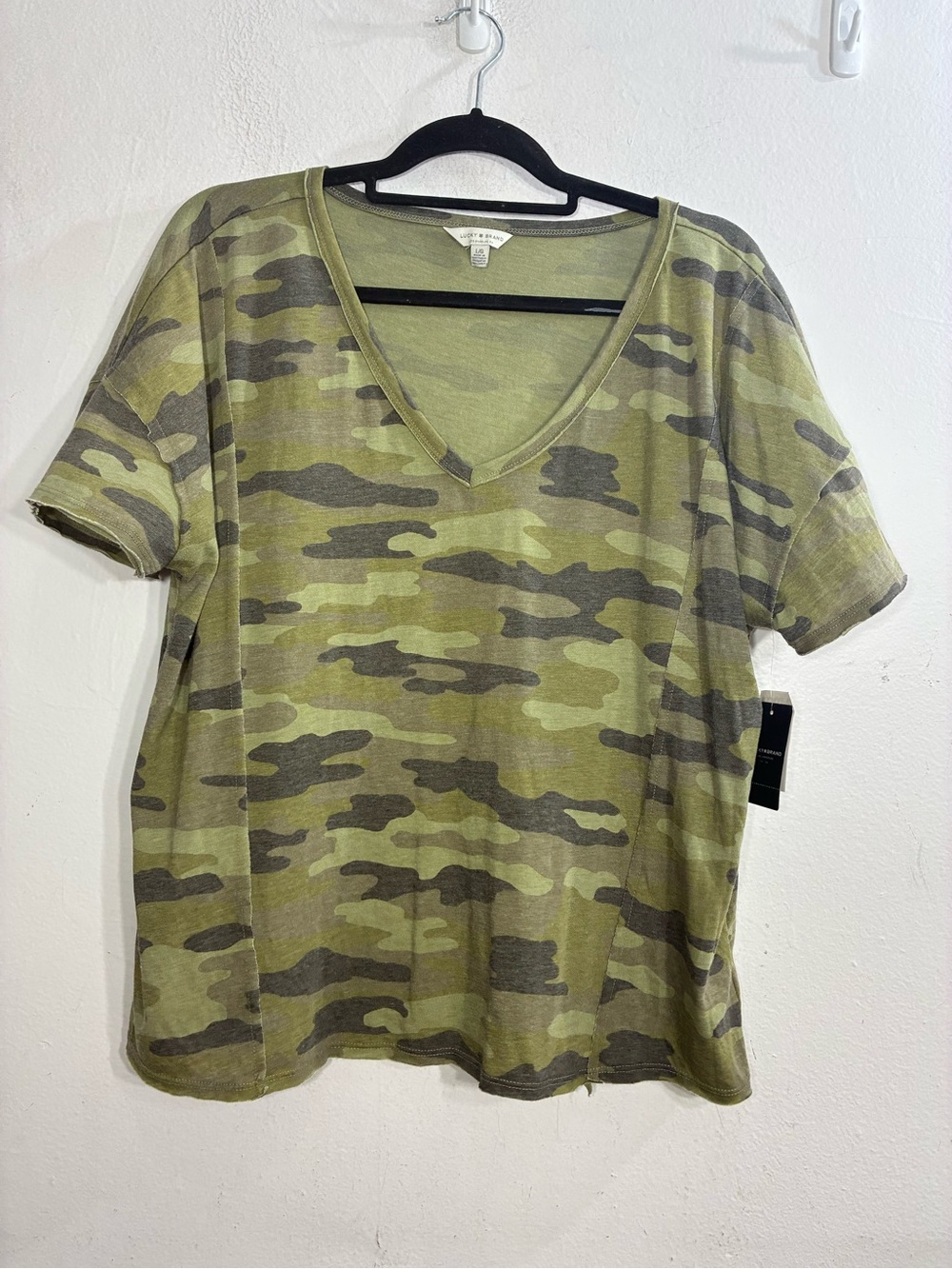 Lucky Brand Olive and Dark Green Camo V-Neck Tee